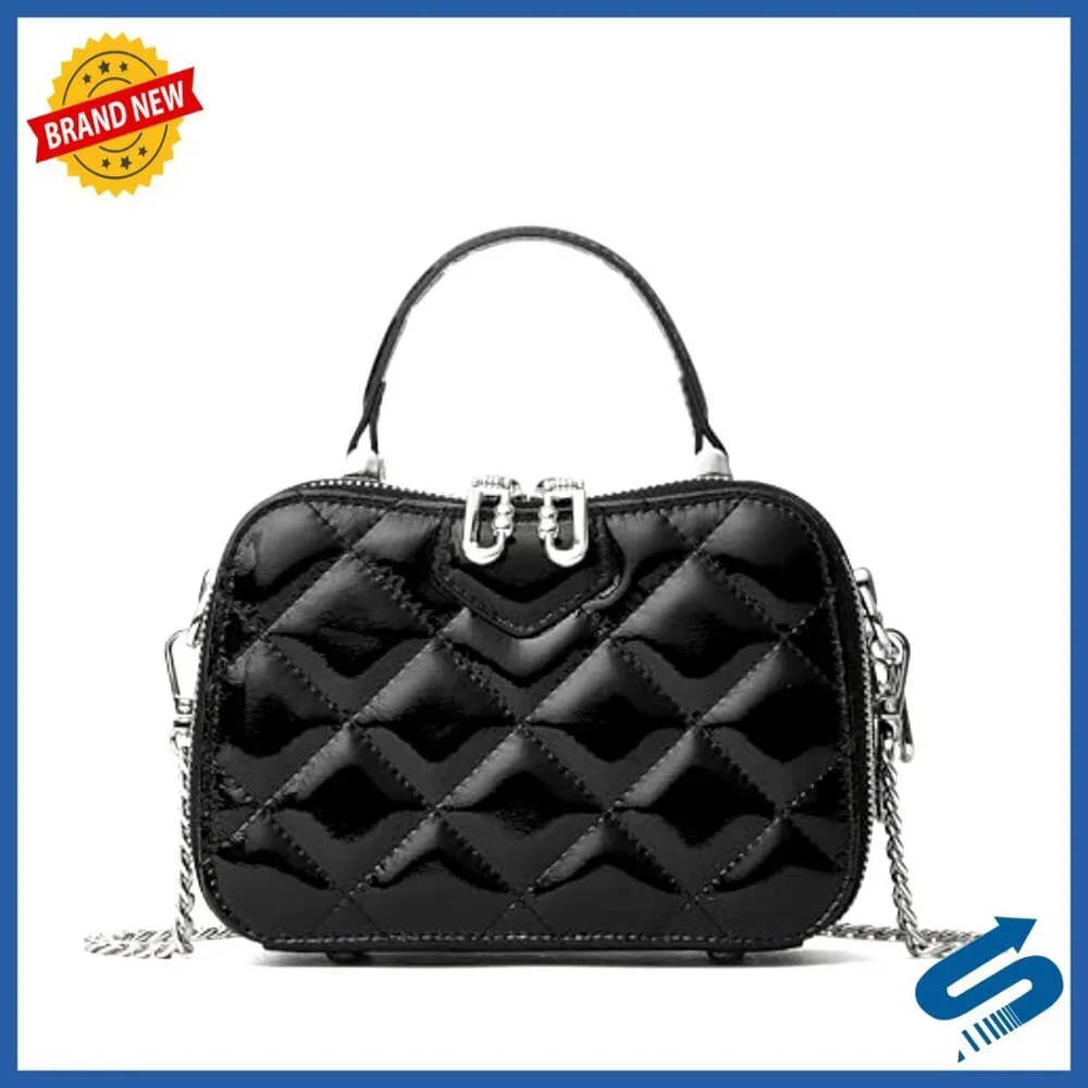 Mini Quilted Leather Top Handle Clutch with Chain Strap Crossbody Purse